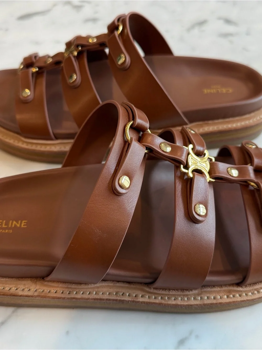 Celine Brown Leather Triple-Strap Slide Sandals size 39/8